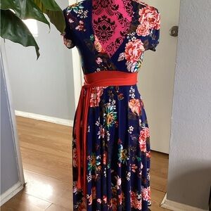 Vintage Forever 21 Floral Maxi Dress in Navy and Red S